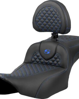 Saddlemen Roadsofa Extended Reach Seat Blue Stitch w/ Backrest Harley FLHX FLTRX 2023-2024