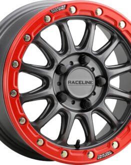 Raceline Alpha Beadlock Wheel Gunmetal/Red 15x7 4x137 +10 For ATV/UTV