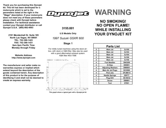 Dynojet Stage 1 Jet Kit Carb Tuning Fits 1997 Suzuki GSXR600 - Image 2