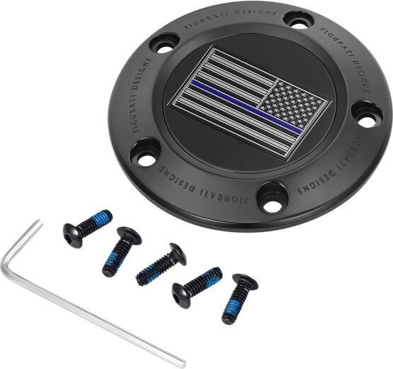 FIGURATI DESIGNS 5-Hole Timing Cover Blue Line Flag Black For Harley-Davidson
