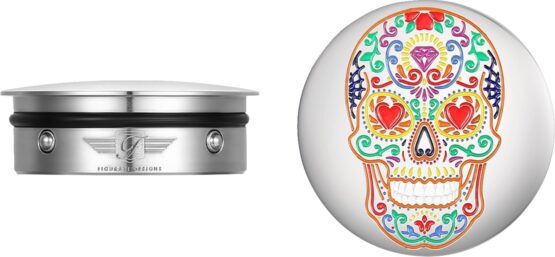 FIGURATI DESIGNS Swing Arm Covers Sugar Skull Polished Stainless Steel Pair